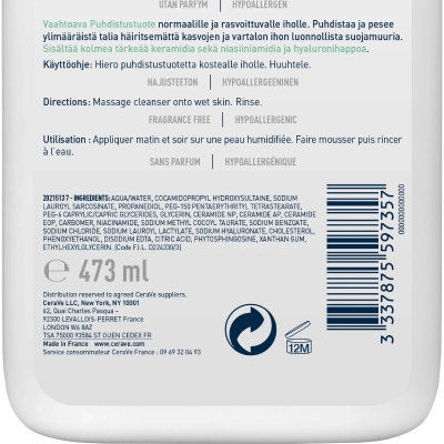 CeraVe Gel Moussant Nettoyant Peau Normale à Grasse | 473ml