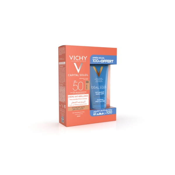 VICHY CAPITAL SOLEIL Crème Anti-Brillance Toucher Sec Teintée spf 50+ (50ml) + Lait après soleil 100 ml Offert
